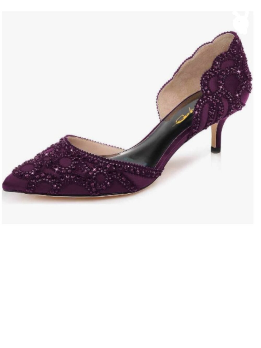 XYD Dark Purple Pointed Toe D'Orsay Kitten Heel Rhinestone Slip-On Satin Pump
